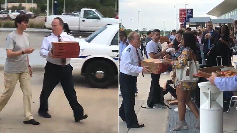 Фото очевидцев из аэропорта. Пилот American Airlines купил пиццу для более чем 150 человек