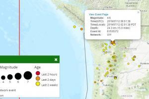 Землетрясение магнитудой 4,6 произошло в Puget Sound. На картинке карта и данные о землетрясениях